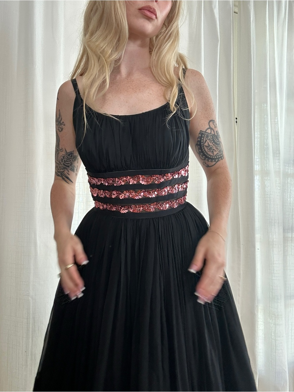 Vintage 50s black and pink silk chiffon bombshell dress